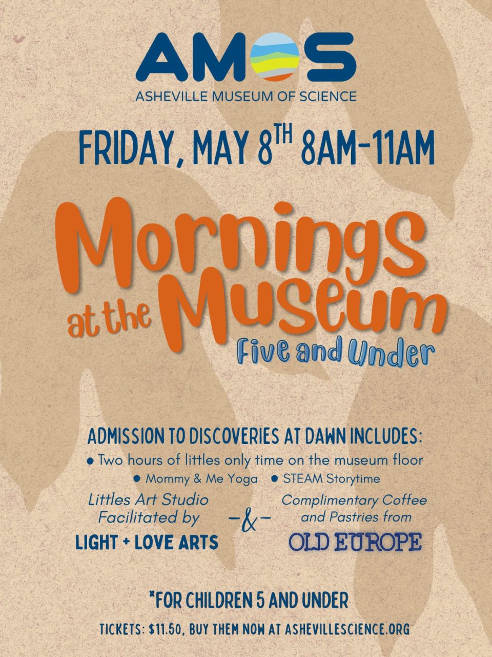 Decorate backgrolund featuring dinosaur prints, with the text "Mornings at the Museum *Five and Under" Additional text explains the date, time, details of event, and community partners.