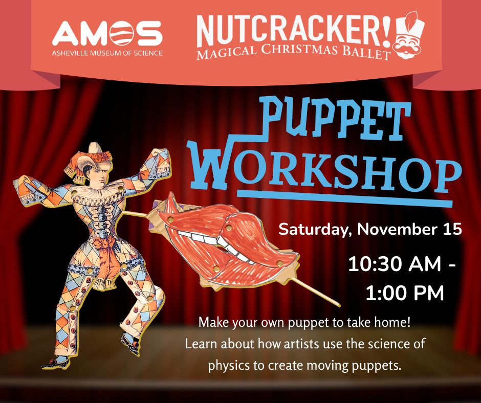 stage with paper puppet and paper movable lips announceing the Puppet workshop on Saturday November 15.