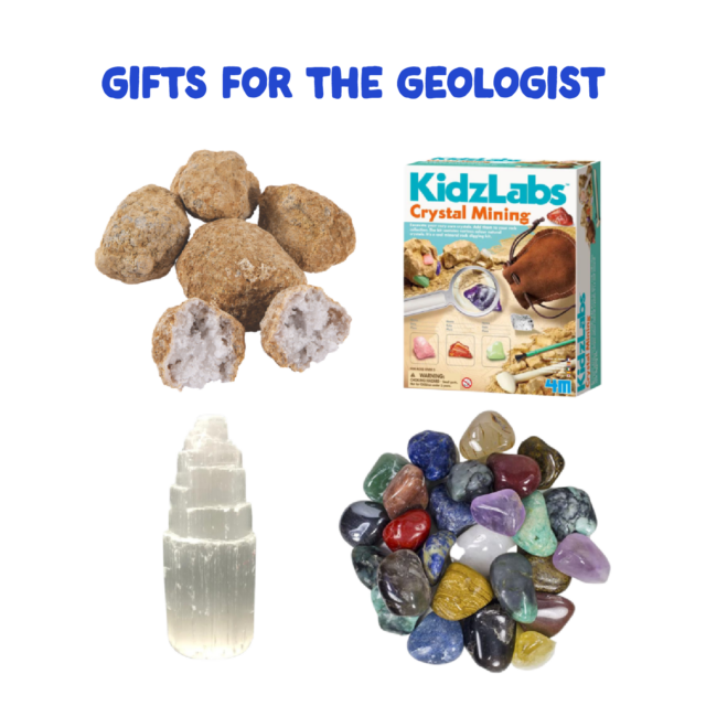 Collection of gifts from the store for geologists.