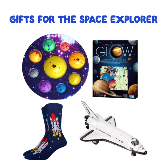 Collection of gifts from the store for space explorers.