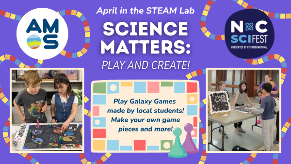 a graphic showing students and their games for April's STEAM Lab theme: Science matters: Play and Create!