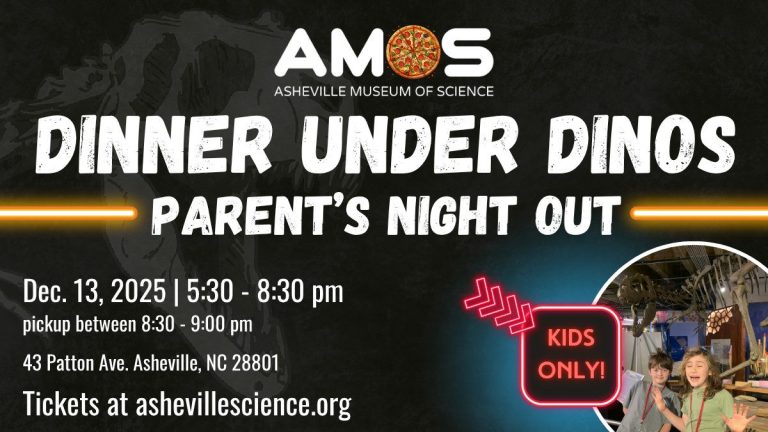 a graphic with kids under a dinosaur at the museum advertising Dinner Under Dinos on 12/13
