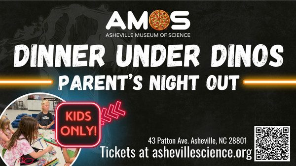 a graphic for Dinner Under Dinos - black background with image of kids doing a craft in the STEAM lab