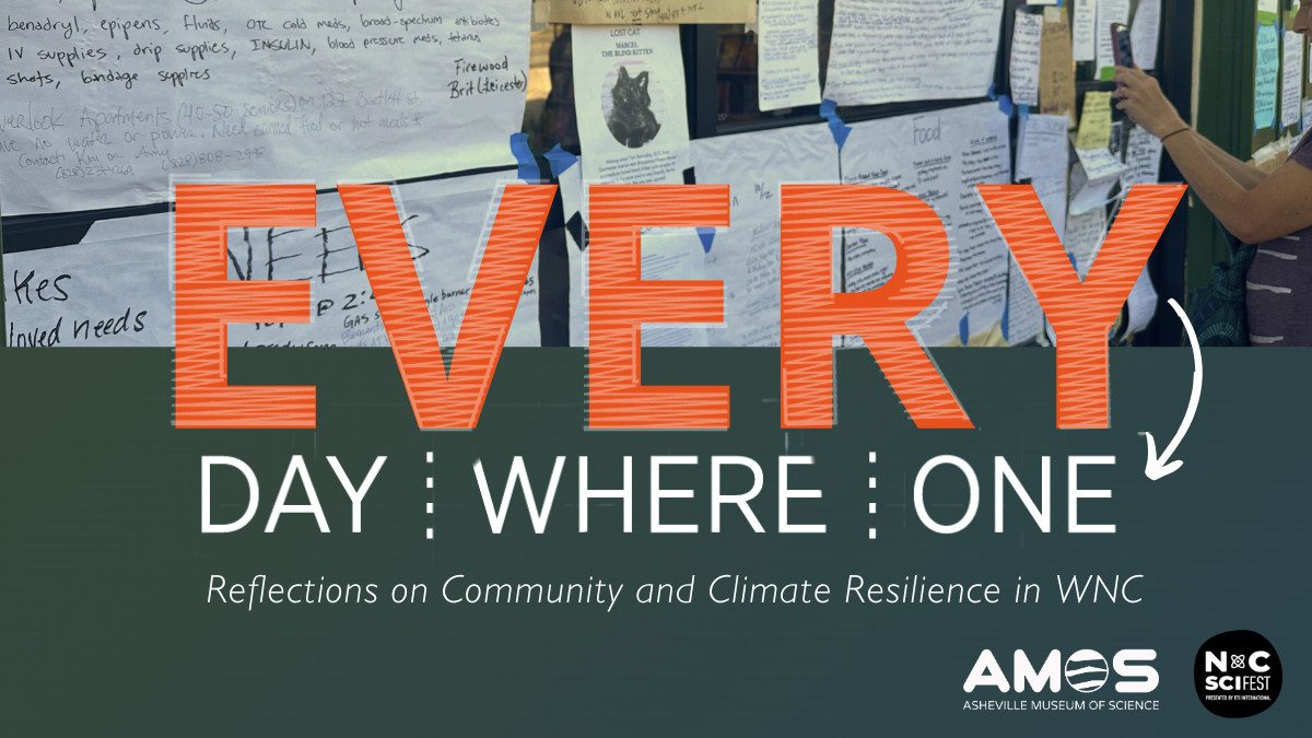 a graphic with papers pinned to a board and the words Every Day Everywhere Everyone Reflections on Community and Climate Resilience in WNC AMOS