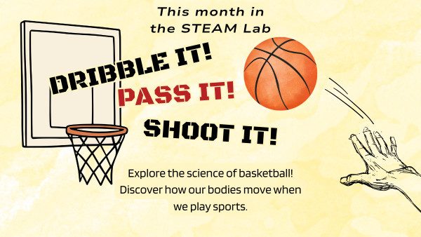 a graphic for the March 2026 STEAM Lab theme with a hand tossing a basketball towards a hoop