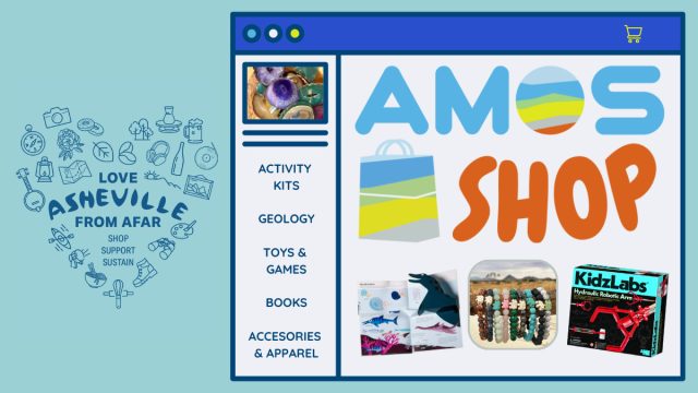 A graphic of a website window featuring the Asheville Shop Logo and items for sale. On the left is the Love Asheville from Afar logo in response to Hurricane Helene.