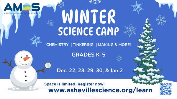 a blue and white graphic advertising the Winter Science Camp