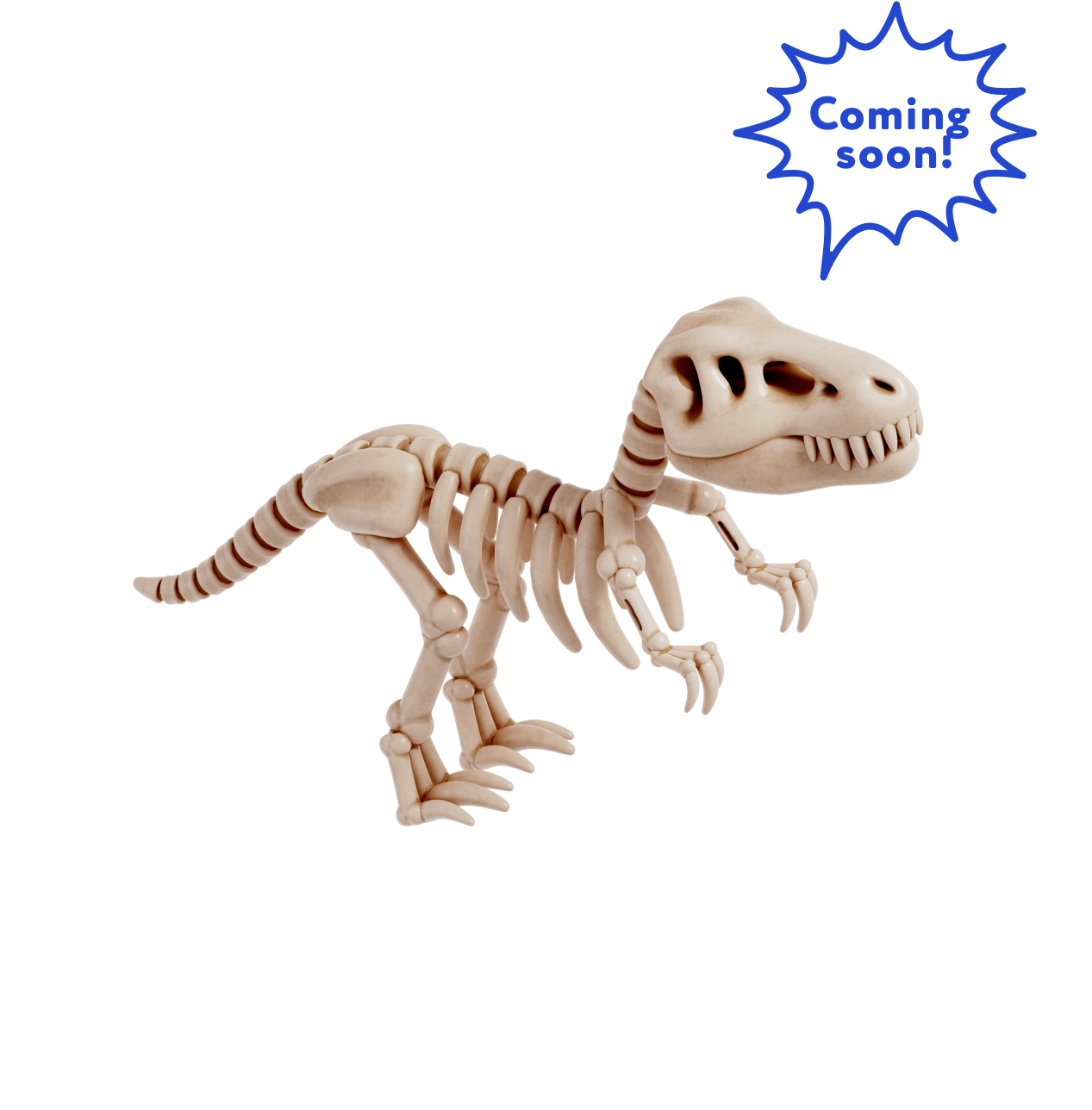 Dino skeleton with bubble speech saying "Coming soon!"