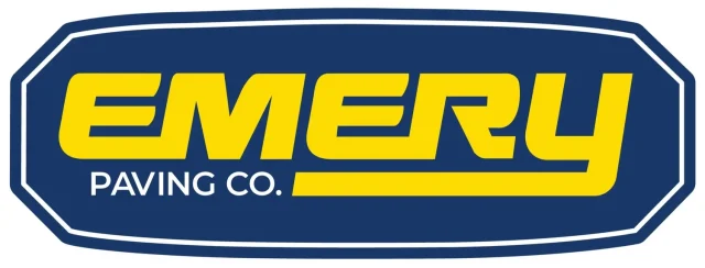 a blue background with the words Emery Paving Co in yellow font