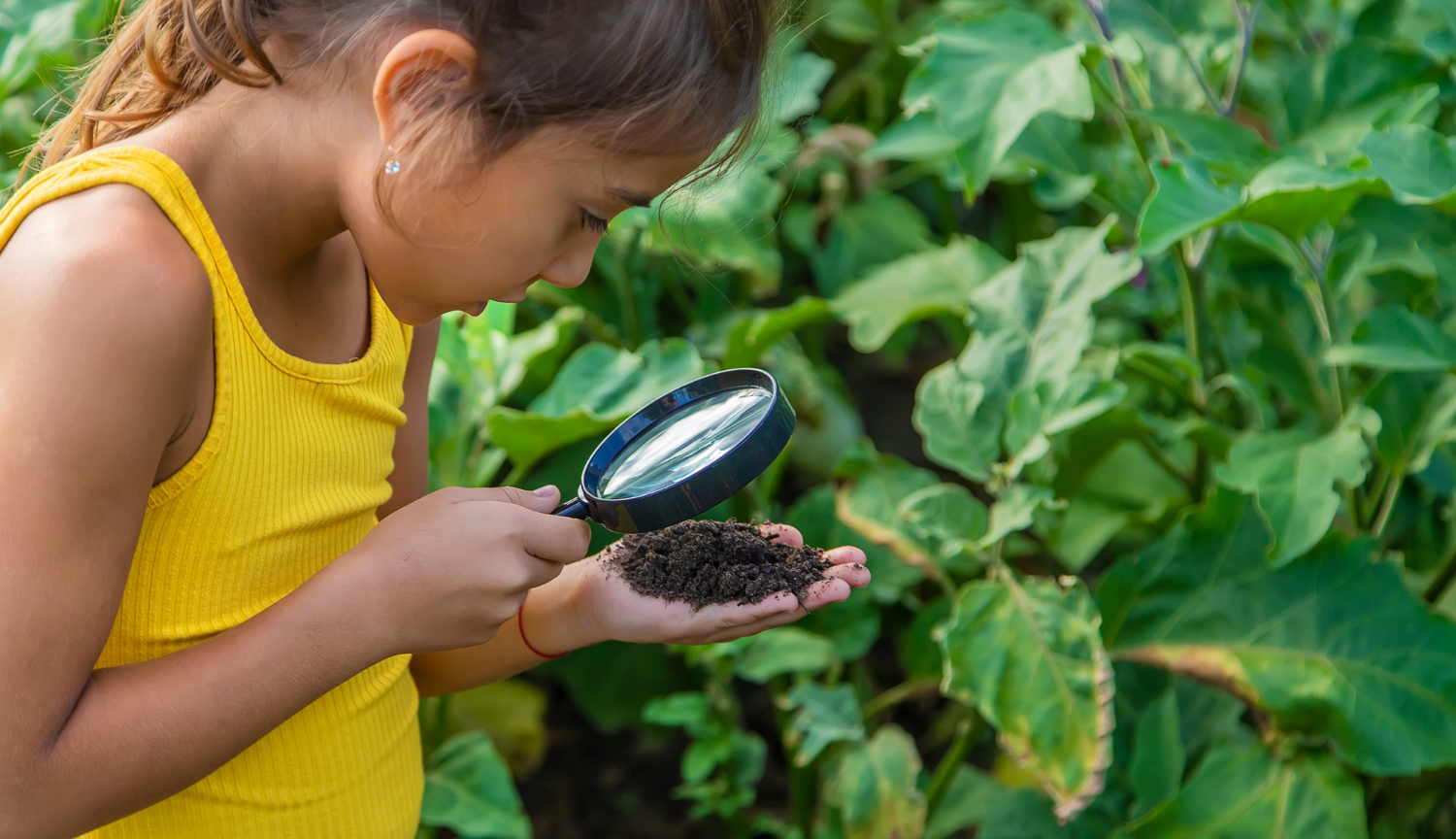 Kid using a magnifying glass to learn about plants.